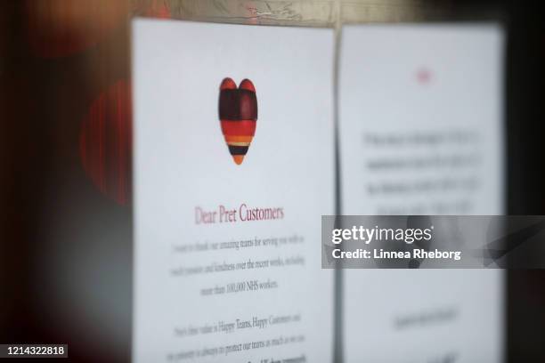 Sign is displayed outside Pret A Manger in Wood Green informing costumers about its closure on March 23, 2020 in London, England. McDonald's, Nando's...