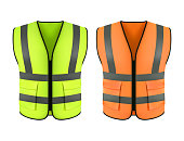 Reflective orange vest, green construction jacket