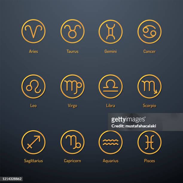 set of golden coloured icons of astrology signs - gemini astrology sign stock illustrations