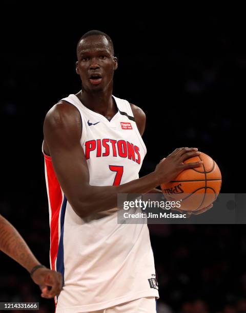 Thon Maker of the Detroit Pistons in action against the New York Knicks at Madison Square Garden on March 08, 2020 in New York City. The Knicks...