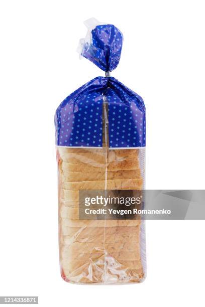 sliced toast bread in plastic package isolated on white background - loaf of bread ストックフォトと画像