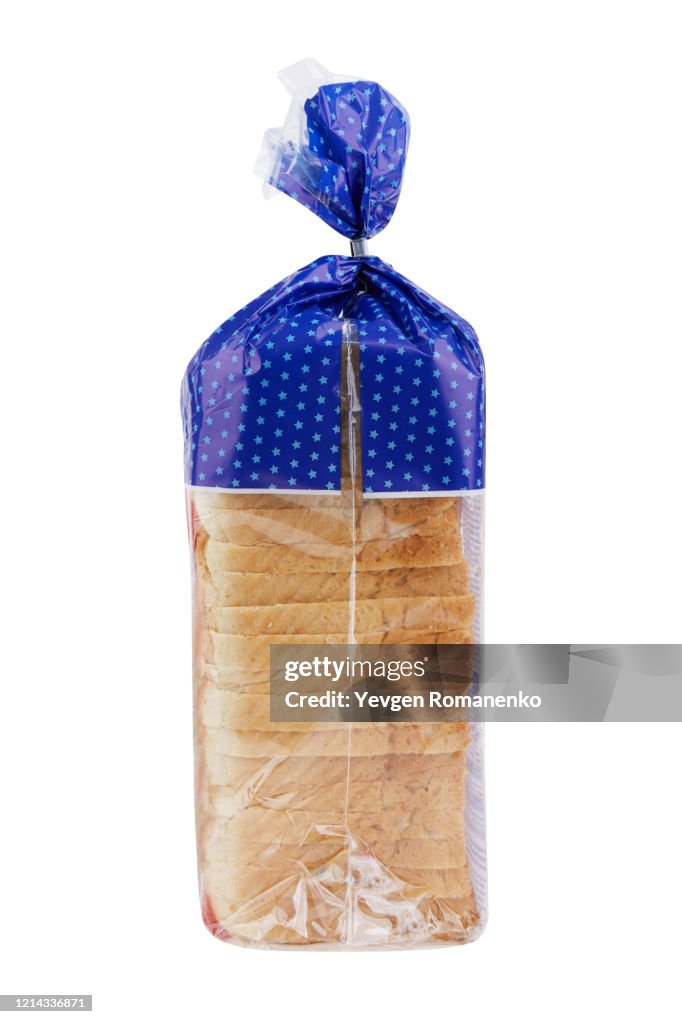 Sliced toast bread in plastic package isolated on white background