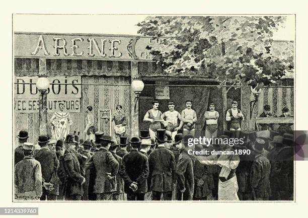 crowds watching a travelling circus, france, 19th century - strongman stock illustrations