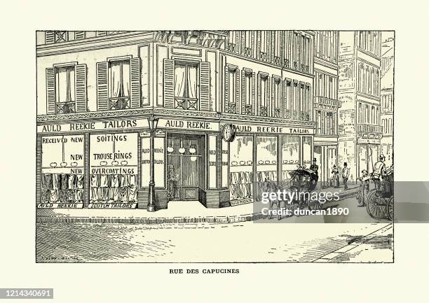 stockillustraties, clipart, cartoons en iconen met victoriaanse kleermakerswinkel, rue des capucines, parijs, 19e eeuw - kleermaker