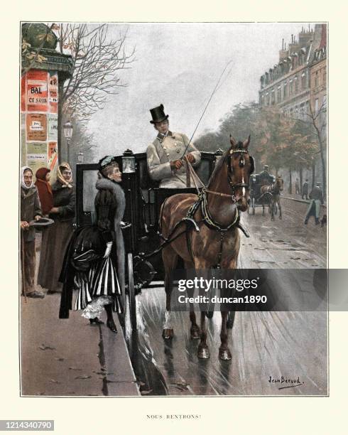 woman getting into horsedrawn carriage, paris, 19th century - horse carriage stock illustrations