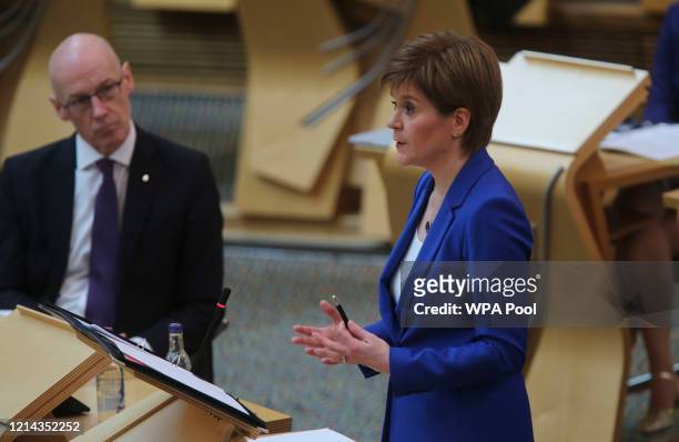 First Minister of Scotland Nicola Sturgeon attends Scottish Parliament for the First Minister's Statement on May 21 2020 in Edinburgh, Scotland. The...