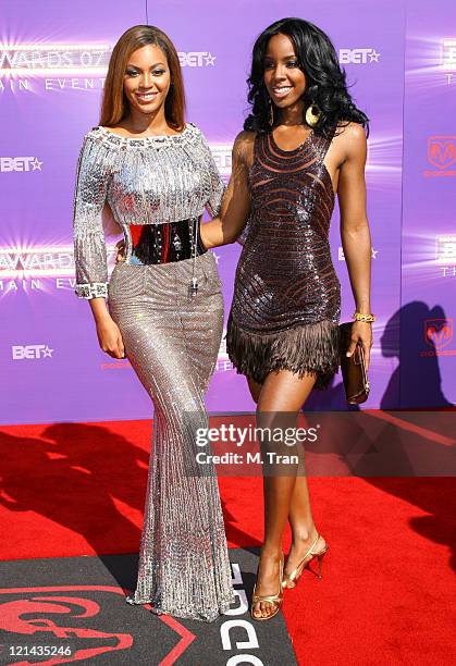 Beyonce and Kelly Rowland of Destiny's Child during BET Awards 2007 - Arrivals at Shrine Auditorium in Los Angeles, California, United States.