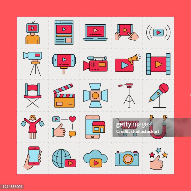 video blogging and live streaming line icon set - video editor stock illustrations
