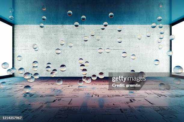 leerer futuristischer raum mit schwimmenden glasblasen - grauer raum stock-fotos und bilder