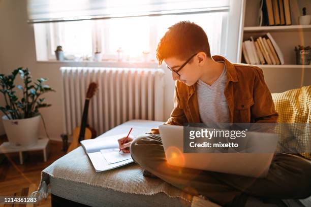 tiener die aan online schoolklasse bijwoont - teenager learning child to read stockfoto's en -beelden