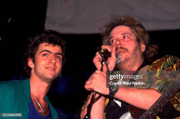 American Rock musician Dweezil Zappa and Leslie West perform onstage at the Vic Theater, Chicago, Illinois, May 28, 1985.