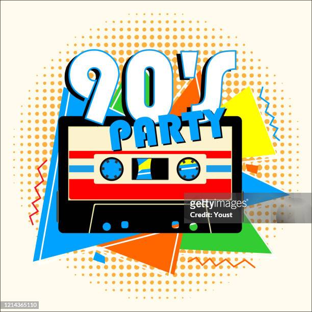 retro 90er jahre musik-party und vintage musik kassette poster im retro desigh stil. disco party 90er jahre. - 90er stock-grafiken, -clipart, -cartoons und -symbole