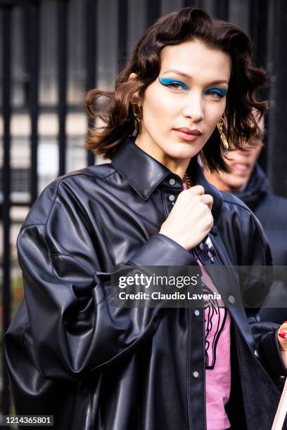 Bella Hadid, beauty detail, is seen outside Miu Miu, during Paris Fashion Week - Womenswear Fall/Winter 2020/2021 : Day Nine on March 03, 2020 in...