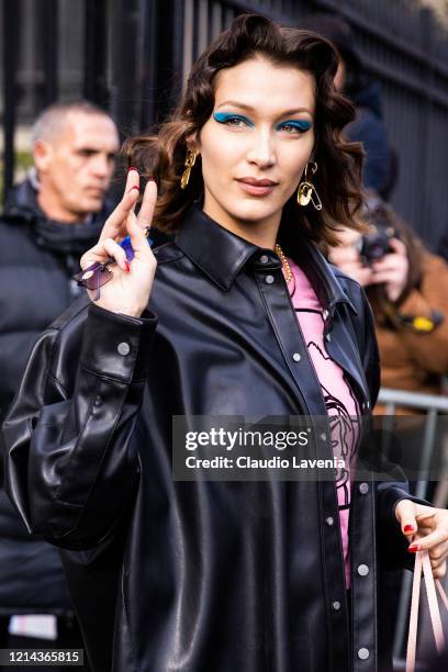 Bella Hadid, beauty detail, is seen outside Miu Miu, during Paris Fashion Week - Womenswear Fall/Winter 2020/2021 : Day Nine on March 03, 2020 in...