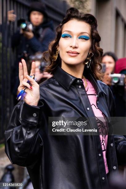 Bella Hadid, beauty detail, is seen outside Miu Miu, during Paris Fashion Week - Womenswear Fall/Winter 2020/2021 : Day Nine on March 03, 2020 in...