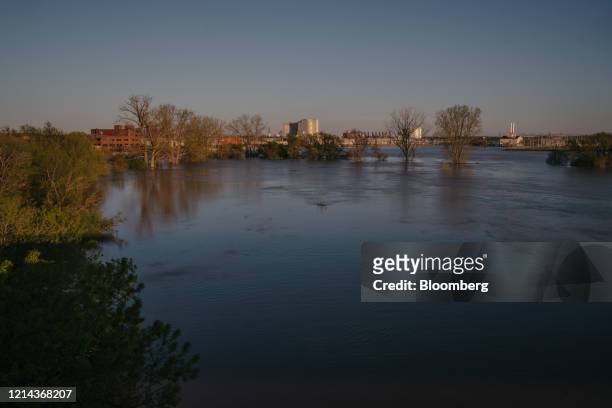 Flood waters from the Tittabawassee River surround the Dow Inc. Facility after dams failed in Midland, Michigan, U.S., on Wednesday, May 20, 2020....