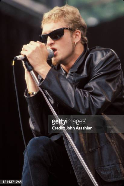 Singer Layne Staley is shown performing on stage during a "live" concert appearance with Alice In Chains on July 7, 1991.
