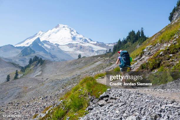 a woman on a backpacking trip in the mt baker wilderness. - bellingham stockfoto's en -beelden