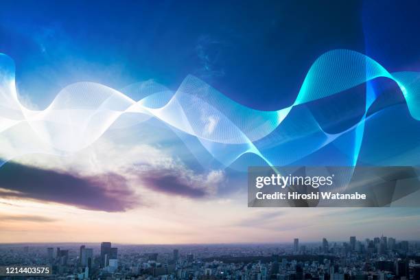 smart city with light trail - cloud futuristic stock pictures, royalty-free photos & images