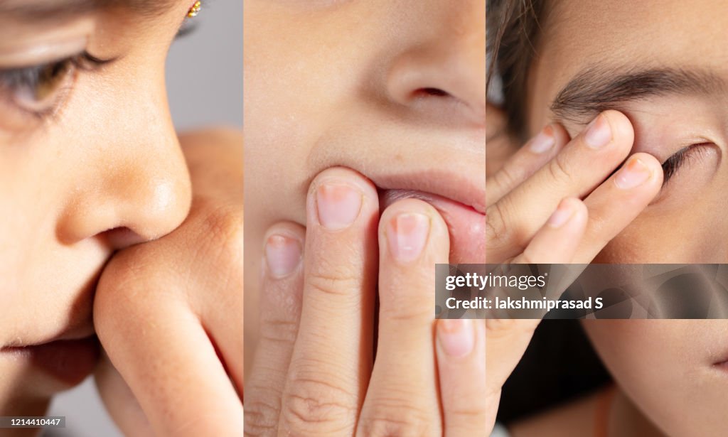 Collage of Young girl touches her nose, eyes and Mouth - Concept showing avoid touch face to protect and prevent form covid-19, sars cov 2 or coronavirus outbreak or spreading