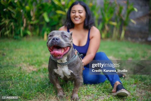 happy woman with her pet - american bulldog stock pictures, royalty-free photos & images