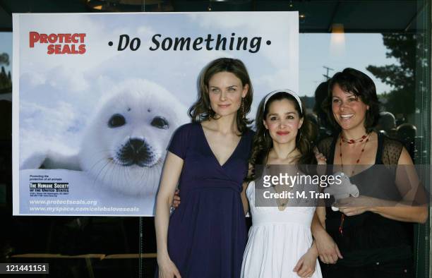 Emily Deschanel, Gina Philips and Darcy Halsey during Save the Seals Day in LA at Real Food Daily in West Hollywood, California, United States.