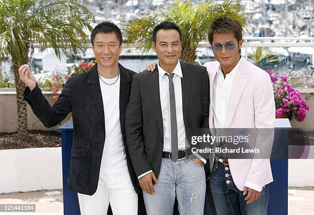 Sun Hong Lei, Simon Yam and Louis Koo during 2007 Cannes Film Festival - "Triangle" Photocall at Palais de Festival in Cannes, France.