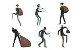 Set of thieves in masks and black suits in different action situations. Vector illustration in flat cartoon style.