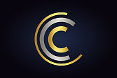 Three Letters C vector logo in silver and gold colors isolated on dark background. Unfinished circle logo.