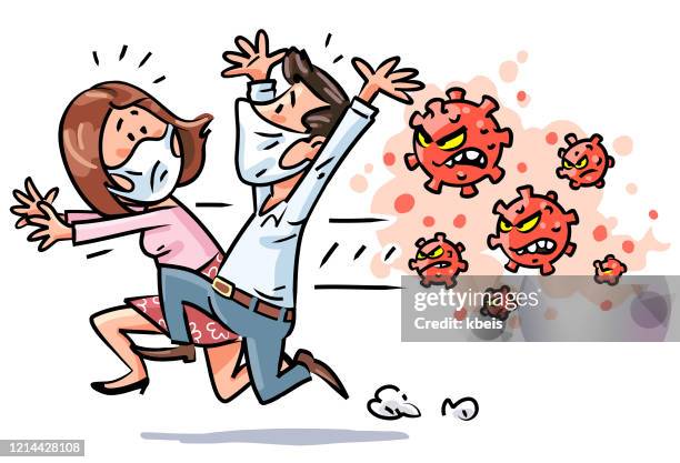 mann und frau auf der flucht vor dem virus - hysteria stock-grafiken, -clipart, -cartoons und -symbole