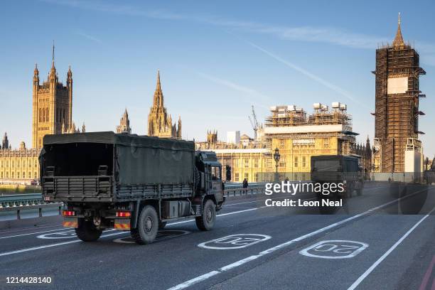 Military vehicles cross Westminster Bridge after members of the 101 Logistic Brigade of the British Army delivered a consignment of medical masks to...