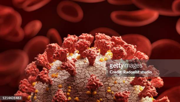 corona virus close up with blood cells - infectious disease fotografías e imágenes de stock