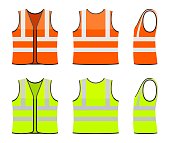 Set of orange and yellow safety vests isolated on white background. Safety clothing with reflective stripes. Front, back and side view. Icon of safe uniform for workers. Vector illustration