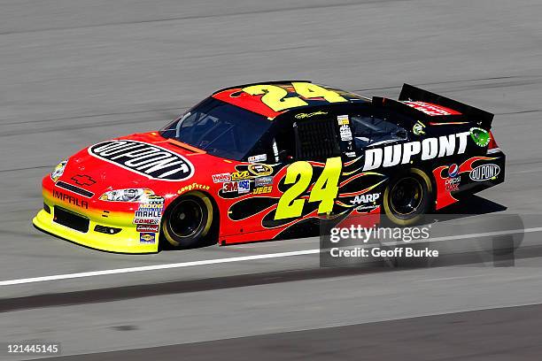 Jeff Gordon drives the DuPont Chevrolet during practice for the NASCAR Sprint Cup Series Pure Michigan 400 at Michigan International Speedway on...