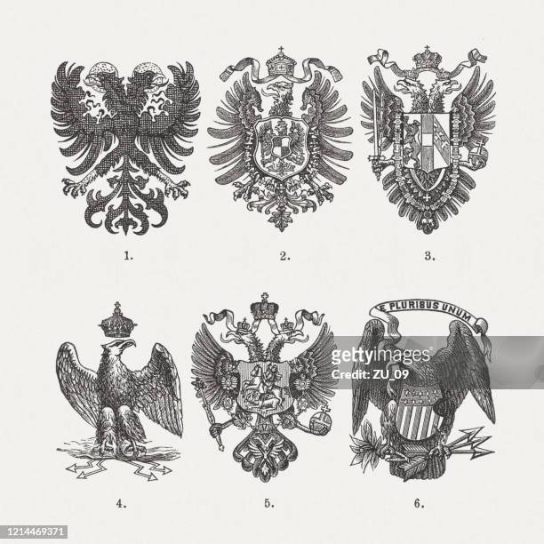 historic imperial eagles, wood engravings, published in 1893 - german culture stock illustrations