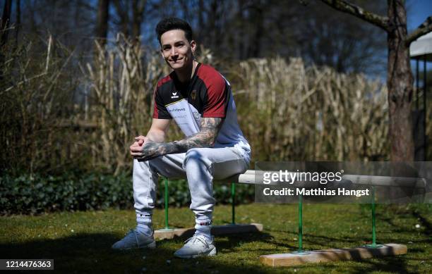 German gymnast Marcel Nguyen poses for a portrait during a training session for the Tokyo 2020 Olympics at his mother's garden on March 24, 2020 in...