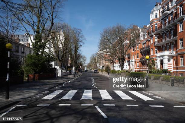 The iconic Abbey Road crossing is seen after a re-paint by a Highways Maintenance team as they take advantage of the COVID-19 coronavirus lockdown...