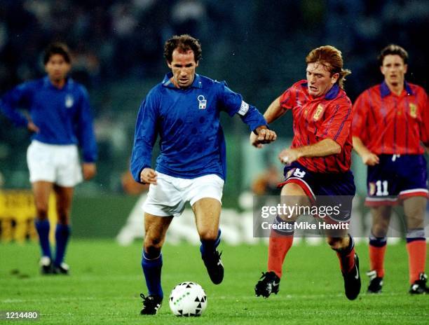 Franco Baresi of Italy is closed down by Stuart McCall of Scotland during the World Cup qualifier at the Stadio Olimpico in Rome. Italy won 3-1. \...