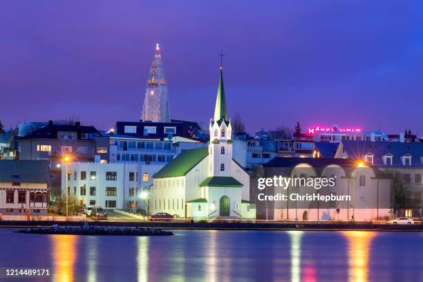 cityscape of reykjavik at dusk, iceland, europe - reykjavik stock pictures, royalty-free photos & images
