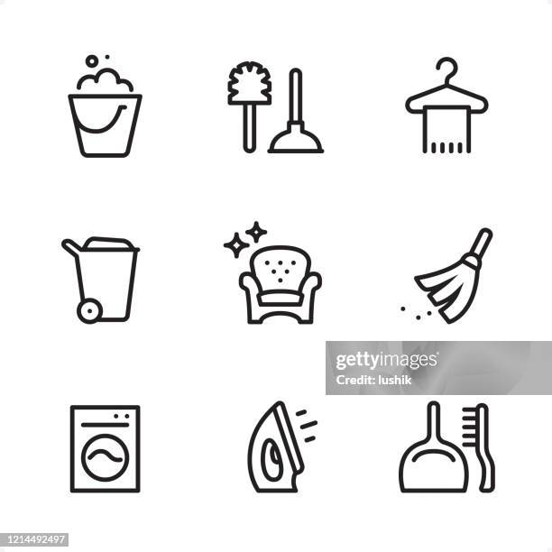 ilustraciones, imágenes clip art, dibujos animados e iconos de stock de servicio de limpieza - iconos de una sola línea - escobilla de baño