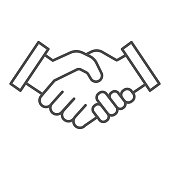 Mans handshake thin line icon. Business shake, deal agreement symbol, outline style pictogram on white background. Teamwork or teambuilding sign for mobile concept or web design. Vector graphics.