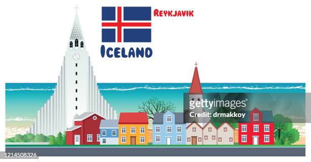 iceland, reykjavik city - reykjavik hallgrimskirkja stock illustrations