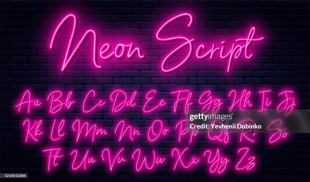 Neon Lock Script Glowing Neon Script Alphabet Neon Font With Uppercase And Lowercase ...