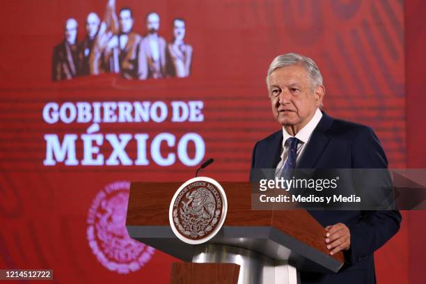 President of Mexico Andrés Manuel López Obrador speaks during the daily morning briefing amid Coronavirus outbreak at Palacio Nacional on March 24,...