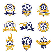 Football team labels. Soccer ball club , sport leagues championship stickers, football competition shield emblems vector isolated icon set