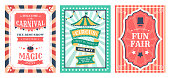 Retro circus poster. Vintage circus carnival show invitation, holiday party flyer templates, magic circus event elements vector illustration set