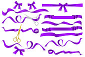 Metal chrome and golden scissors cutting purple violaceous violet silk ribbon. Realistic opening ceremony symbols Tapes ribbons and scissors set. Grand opening inauguration event public ceremony.