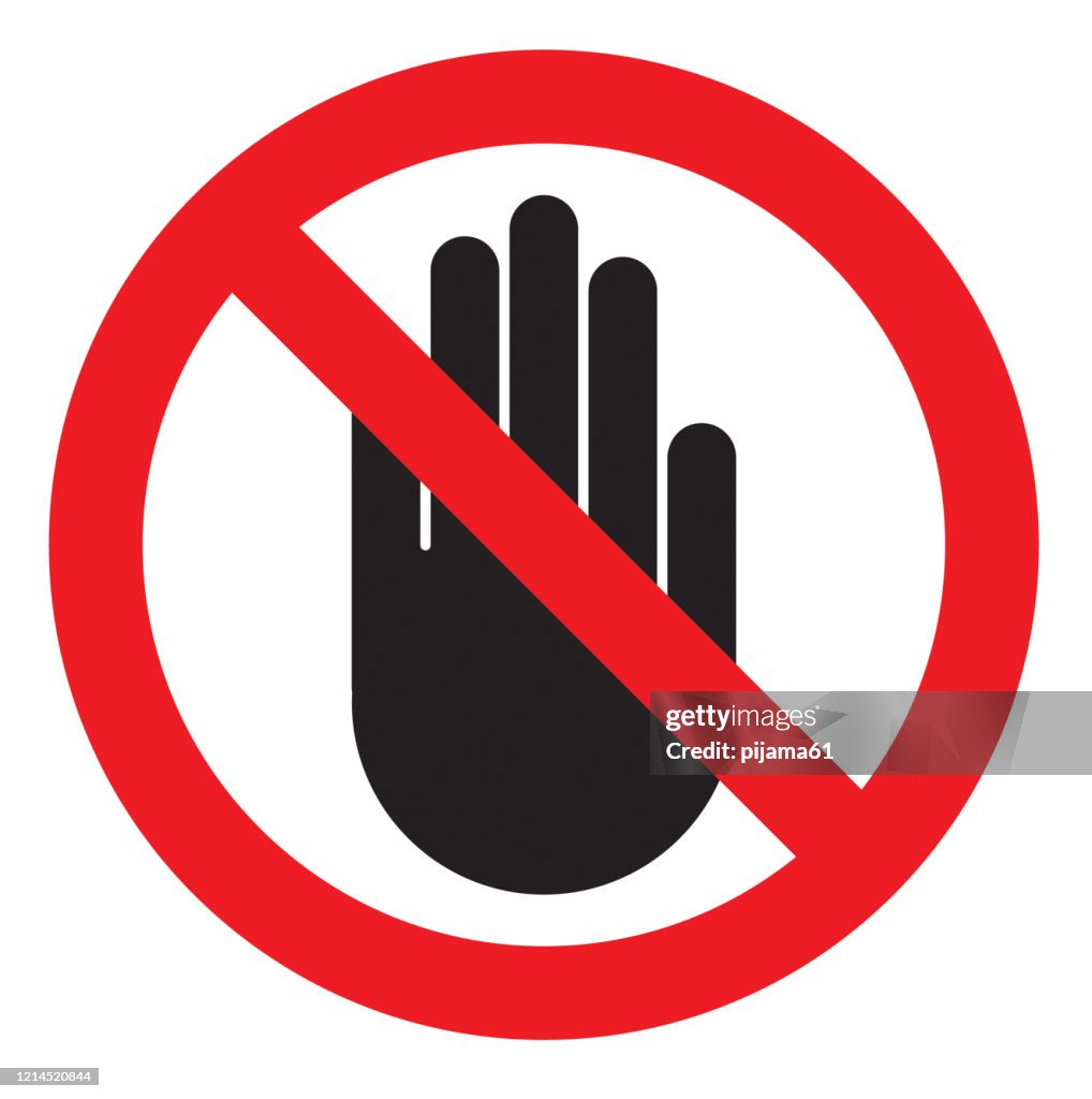 NO ENTRY sign. Stop palm hand icon in crossed out red circle