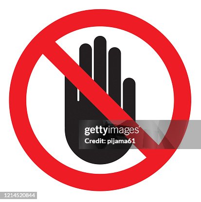 NO ENTRY sign. Stop palm hand icon in crossed out red circle NO ENTRY sign. Stop palm hand icon in crossed out red circle