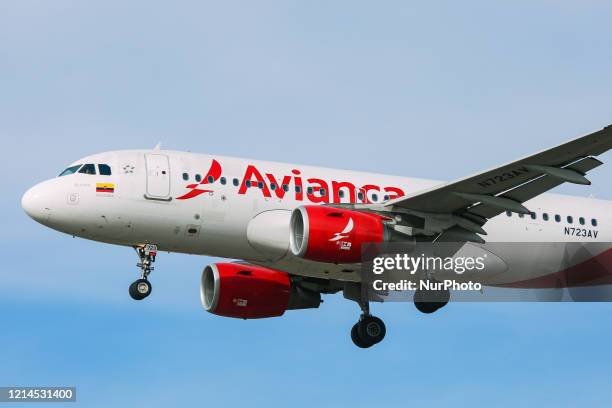 Avianca Aerovias del Continente Americano Airbus A319 commercial aircraft as seen on final approach landing at New York JFK John F Kennedy...